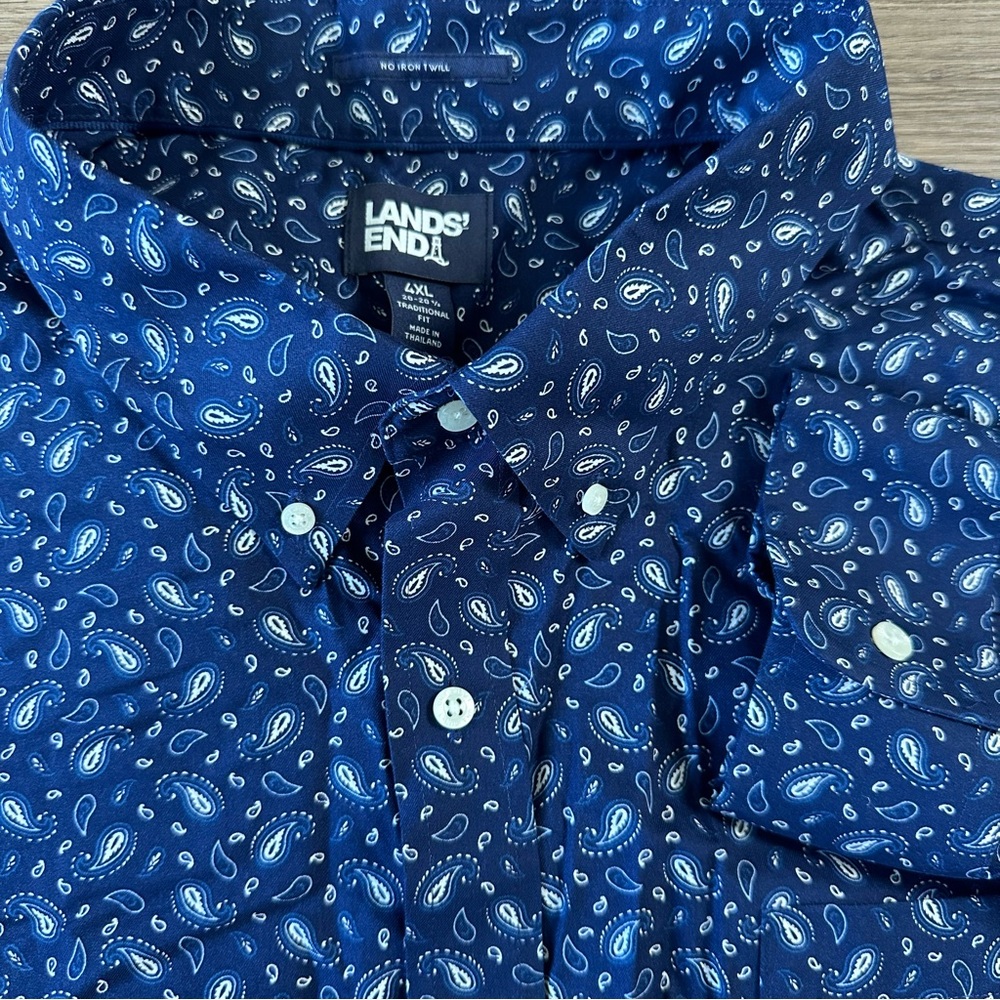 Lands' End Men's No Iron Twill Button Up Shirt 4XL Traditional Fit‎ Blue Paisley